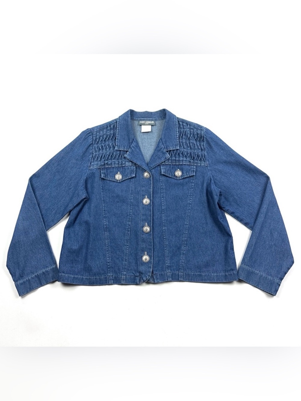 Saint Germain Womens Medium Petite Blue Textured Denim Jean Jacket VTG 90s USA